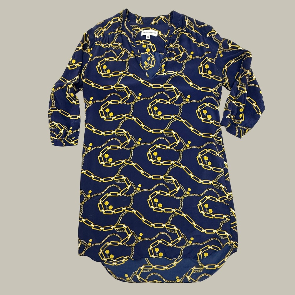 Amanda Uprichard Tunic Dress Womens Medium Blue Gold Silk Chain V-Neck Mini
